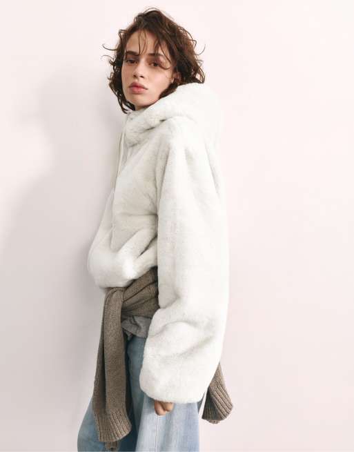 Pull&Bear jack met capuchon van faux-fur in gebroken wit, 2 van 7