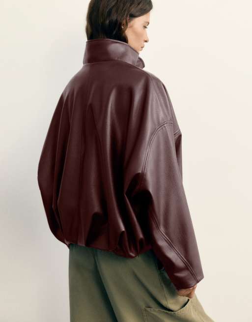 Pull&Bear jack met leerlook en ballonvorm met opstaande boord in chocoladebruin, 3 van 7