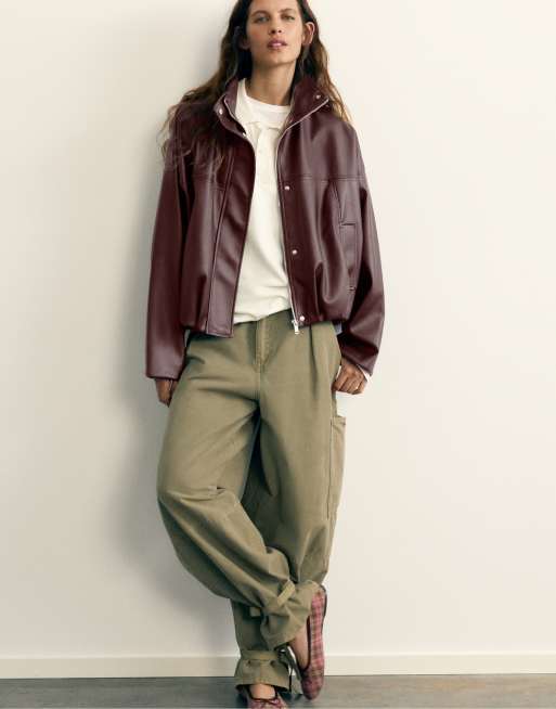 Pull&Bear jack met leerlook en ballonvorm met opstaande boord in chocoladebruin, 6 van 7