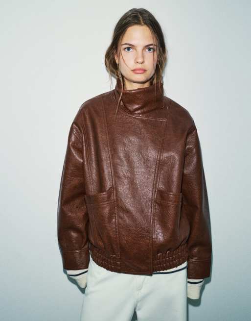 Pull&Bear jack met leerlook in bruin, 2 van 6
