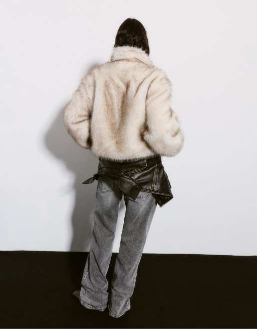 Pull&Bear - Jack van imitatiebont met rits in beige