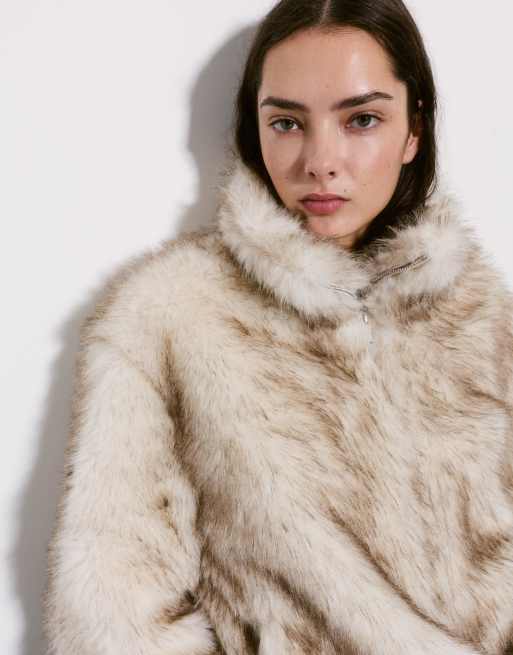 Pull&Bear - Jack van imitatiebont met rits in beige