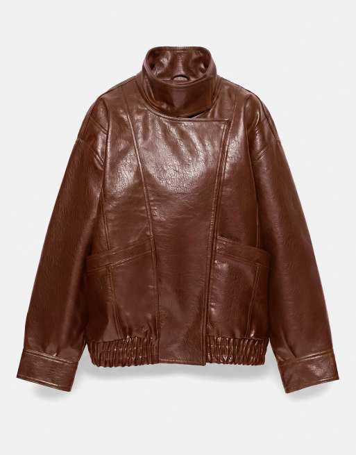 Pull&Bear jacka i boxig modell med lädereffekt i brun, 6 av 6