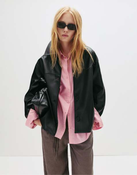 Pull&Bear – Jacke aus Kunstleder in Schwarz mit Ziernähten - view 1