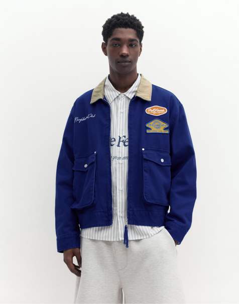 Pull&Bear – Jacke in Blau mit kombiniertem Kragen und Aufnähern - view 1