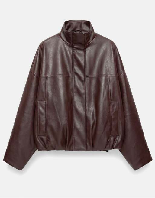Pull&Bear Jacke in Lederoptik mit Ballonform und Stehkragen in Schokobraun, 7 von 7