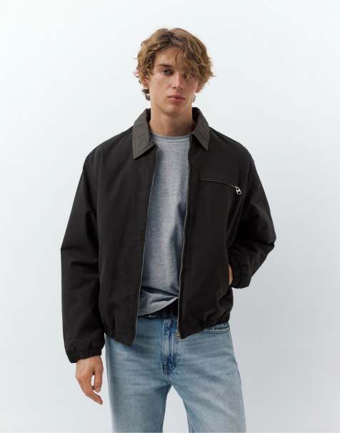 Pull&Bear – Jacke in Schwarz mit farblich abgesetztem Kragen - view 1
