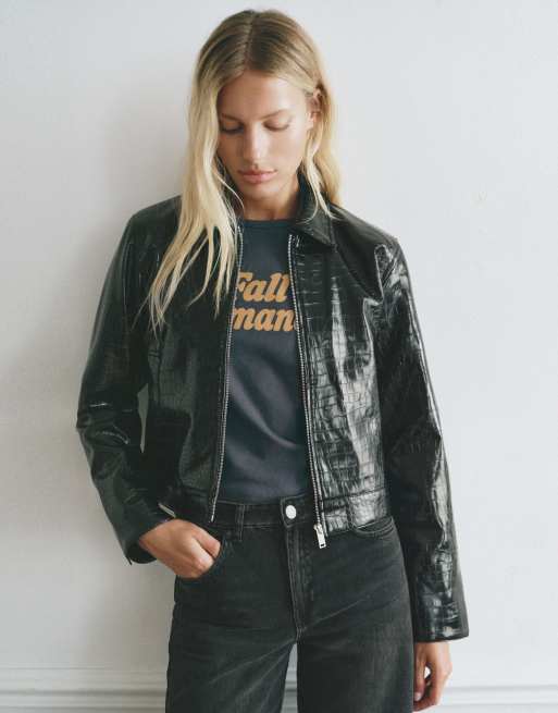 Pull&Bear Jacke in Schwarz mit Kroko- und Lederoptik, 3 von 7