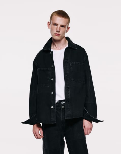 Pull&Bear Jacquard denim overshirt in faded black - view 1