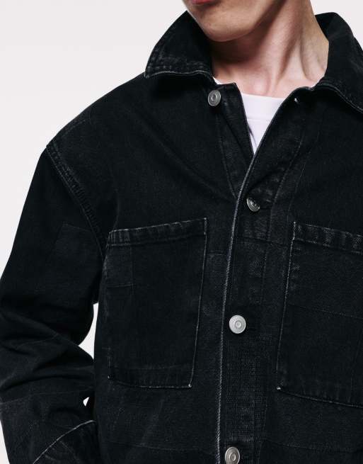 Pull&Bear Jacquard denim overshirt in faded black, 3 of 6