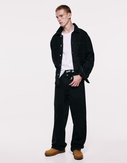 Pull&Bear Jacquard denim overshirt in faded black, 4 of 6