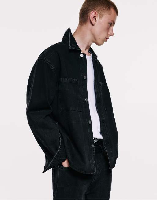 Pull&Bear Jacquard denim overshirt in faded black, 5 of 6