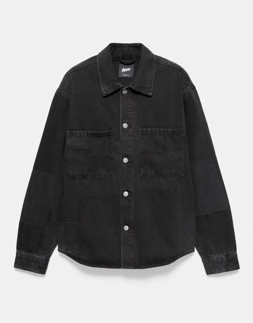 Pull&Bear Jacquard denim overshirt in faded black, 6 of 6