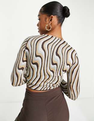 PULL & BEAR JACQUARD RETRO BROWN STRIPE LONG SLEEVED TOP