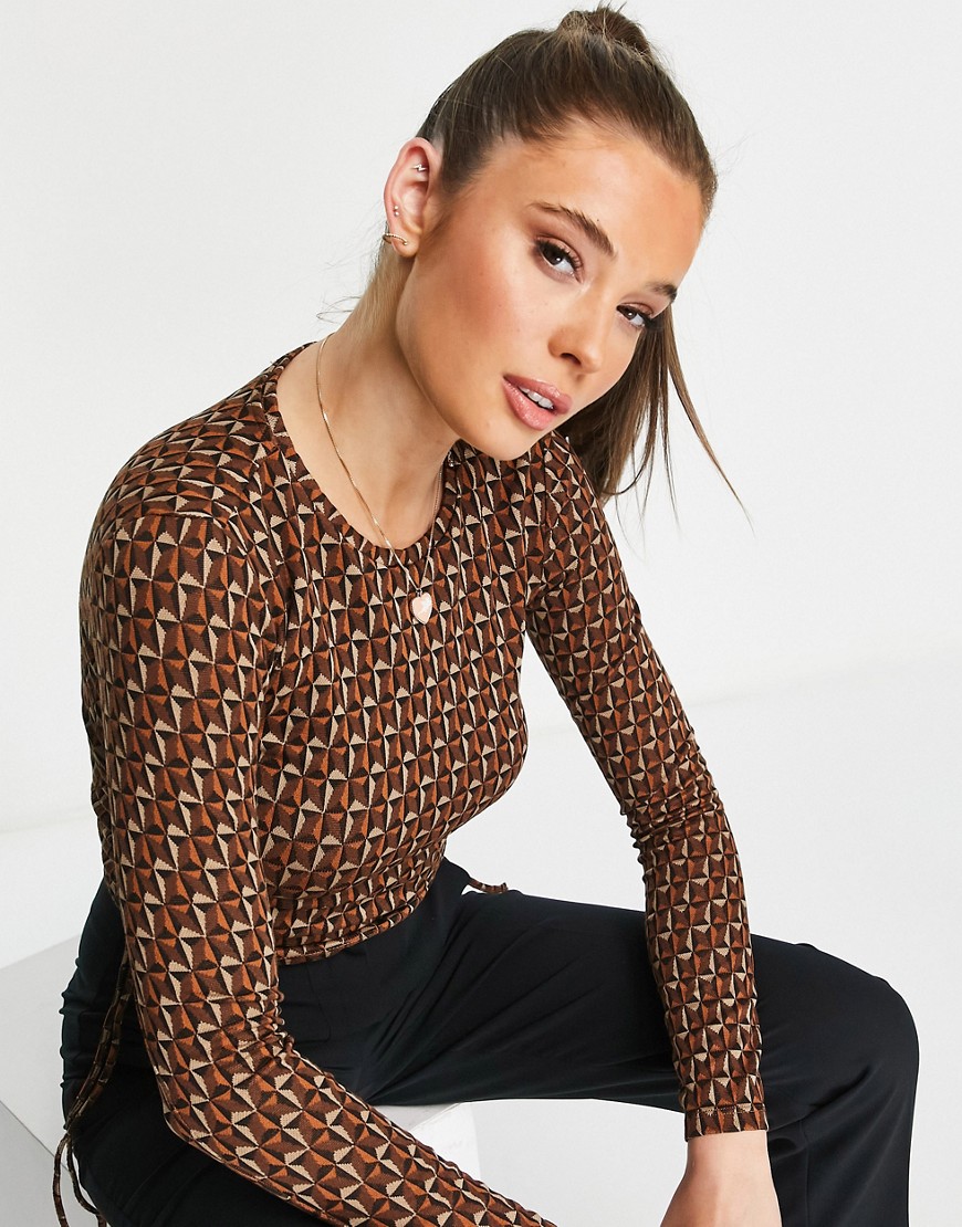 Pull & Bear jacquard ruched long sleeve top in brown - part of a set