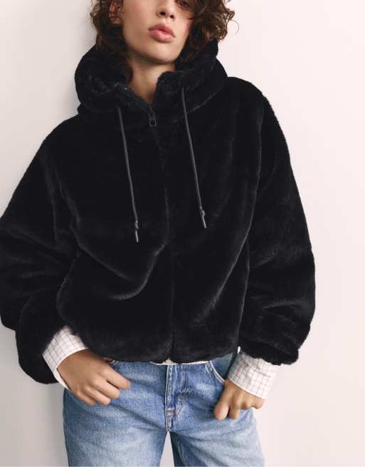 Pull&Bear jakke med hætte i imiteret pels i sort, 6 af 7