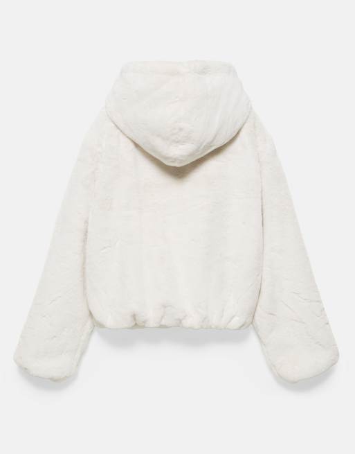 Pull&Bear jakke med hætte i råhvid imiteret pels, 7 af 7