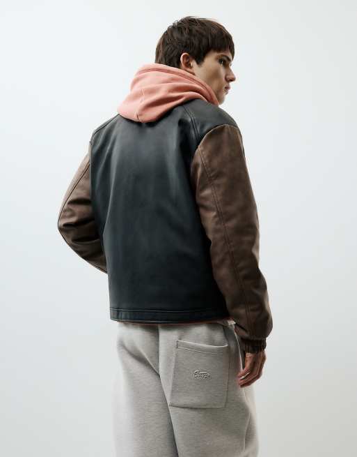 Pull&Bear jakke med paneler i læderlook i brun, 2 af 7