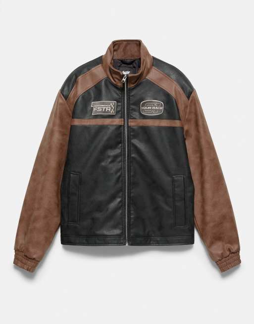 Pull&Bear jakke med paneler i læderlook i brun, 5 af 7