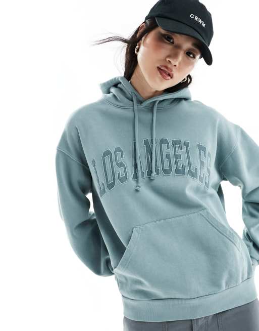 Pull&Bear – Jasnozielona bluza z kapturem z nadrukiem LA