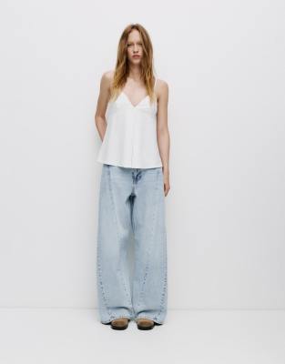 Pull & Bear - Jean baggy à surpiqûres - Bleu pâle