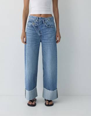 Pull & Bear - Jean baggy à taille croisée - Bleu foncé