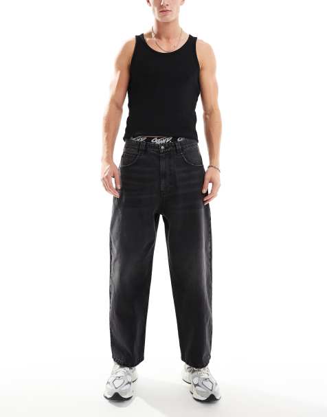Pull&Bear - Jean baggy avec logo STWD à la taille - Noir délavé - view 1