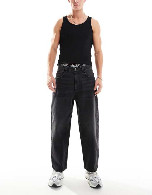 Pull&Bear - Jean baggy avec logo STWD à la taille - Noir délavé