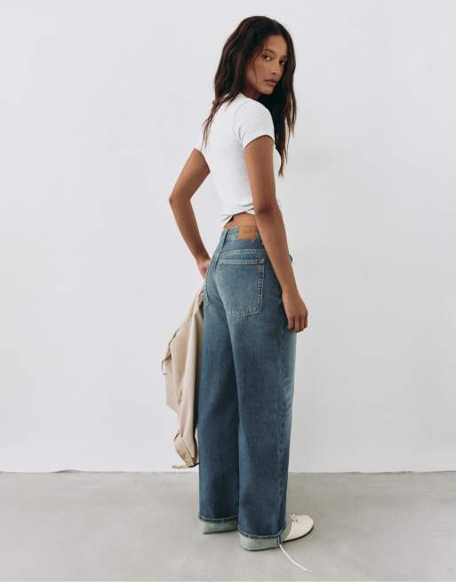 Pull&Bear jean baggy coupe ballon avec ourlets retroussés bleu foncé, 4 de 7