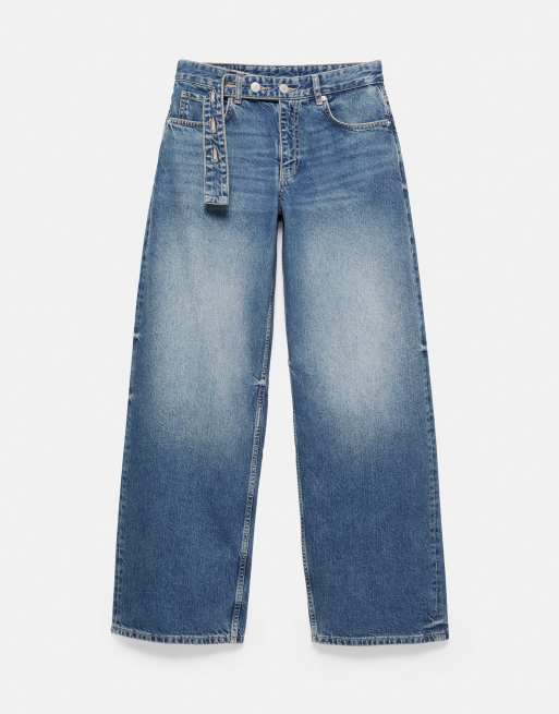 Pull&Bear jean baggy coupe relaxed avec ceinture bleu foncé, 4 de 6