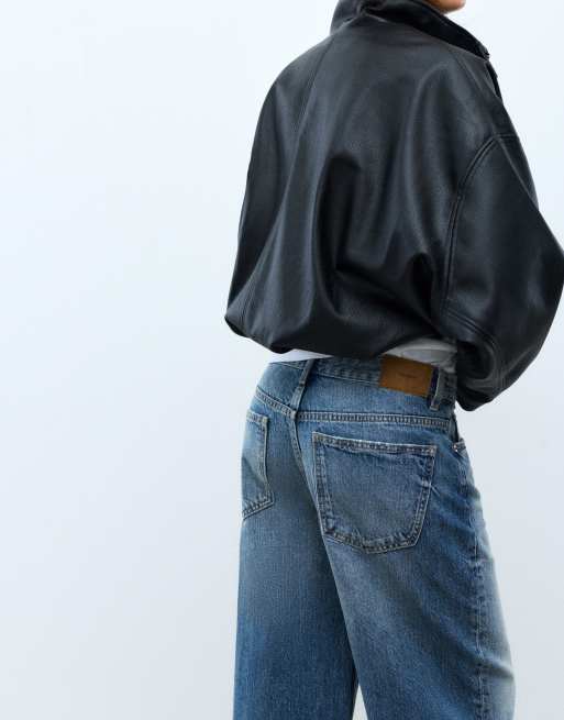 Pull&Bear jean baggy court à revers en bleu moyen, 3 de 7