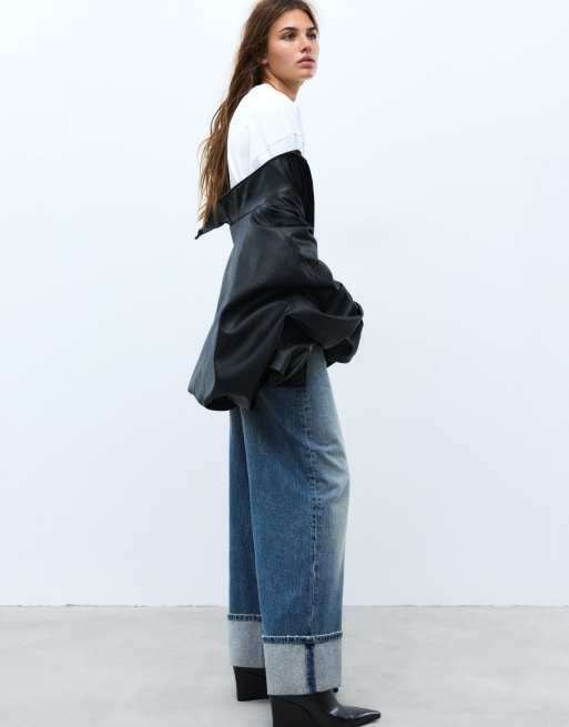 Pull&Bear jean baggy court à revers en bleu moyen, 4 de 7