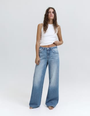 Pull & Bear - Jean baggy droit à strass - Bleu moyen 38