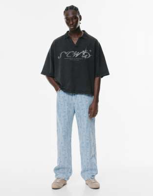 Pull & Bear - Jean baggy en jacquard - Indigo pâle-Bleu