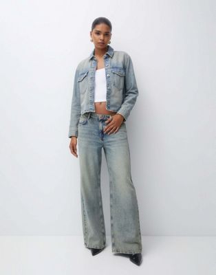 Pull&Bear oversized baggy low waist jean in washed blue - ASOS Price Checker