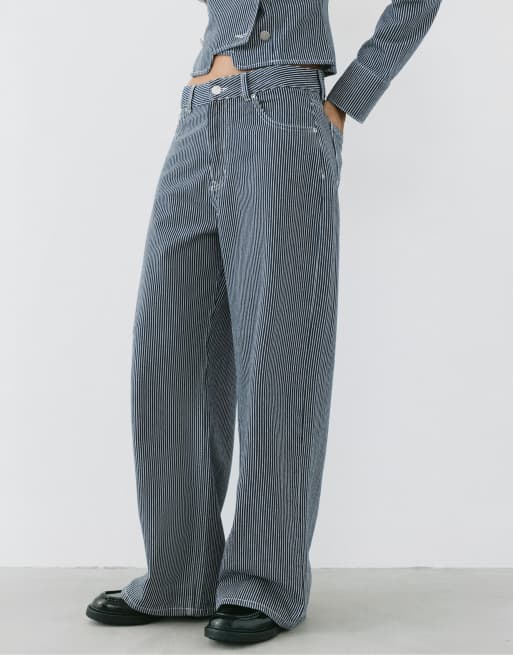 Pull&Bear jean baggy rayé taille basse bleu foncé, 2 de 7