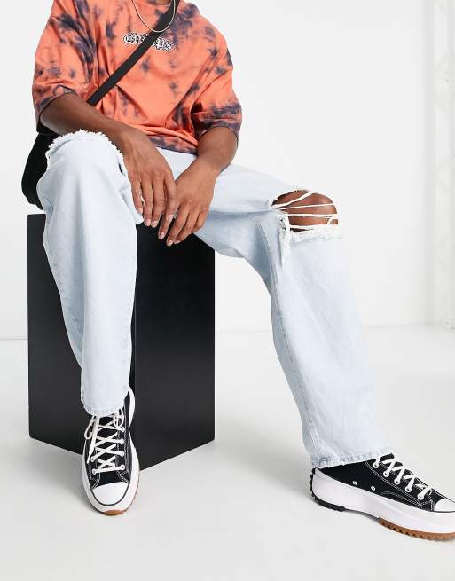 Pull&Bear - Jean baggy style années 90 avec déchirures - Bleu clair