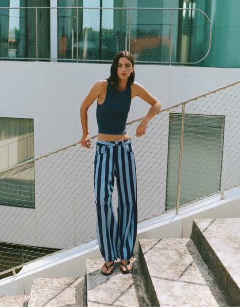 Pull&Bear jean barrel à rayures turquoise - view 1