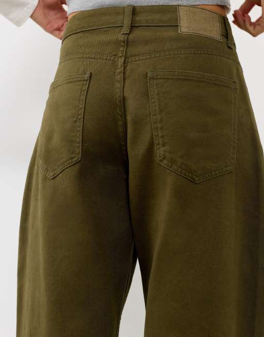 Pull&Bear jean barrel taille basse en kaki, 3 de 7