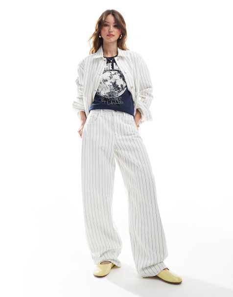 Pull&Bear - Jean bouffant d'ensemble à fines rayures - Blanc - view 1