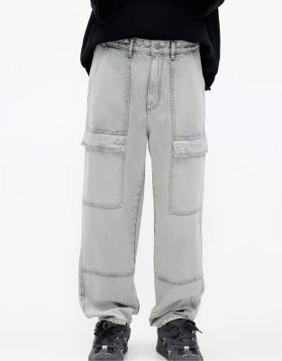 Pull & Bear - Jean cargo coupe baggy - Gris foncé