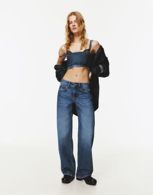 Pull & Bear - Jean droit à taille basse - Bleu foncé 34