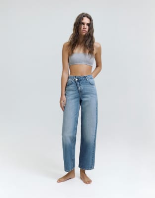 Pull & Bear - Jean droit à taille croisée - Bleu moyen 46