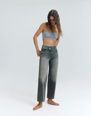 Pull & Bear - Jean droit à taille croisée - Gris