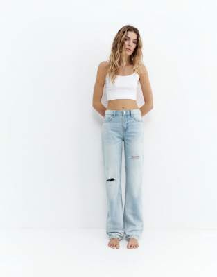 Pull & Bear - Jean droit à taille mi-haute - Bleu clair