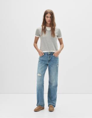 Pull & Bear - Jean droit à taille mi-haute - Gris-bleu 36