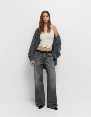 Pull & Bear - Jean droit avec étoiles à strass - Gris
