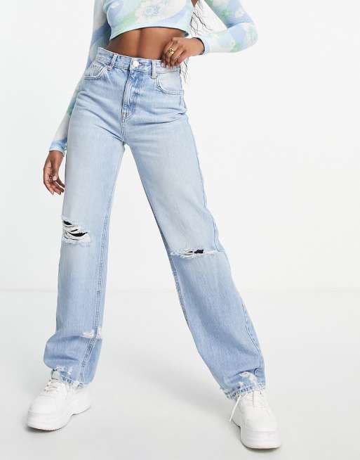 Pull Bear Jean droit d chir ourlets effiloch s Bleu