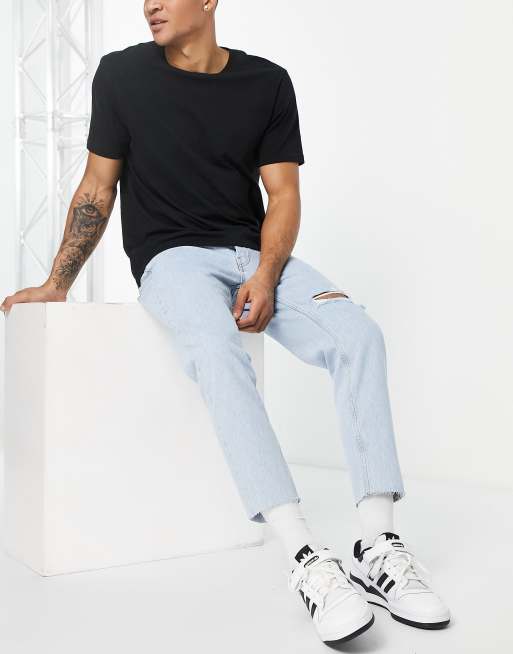 Pull&Bear - Jean droit déchiré - Bleu clair