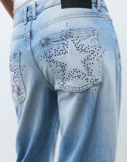 Pull&Bear jean droit taille basse orné de strass bleu clair, 2 de 7